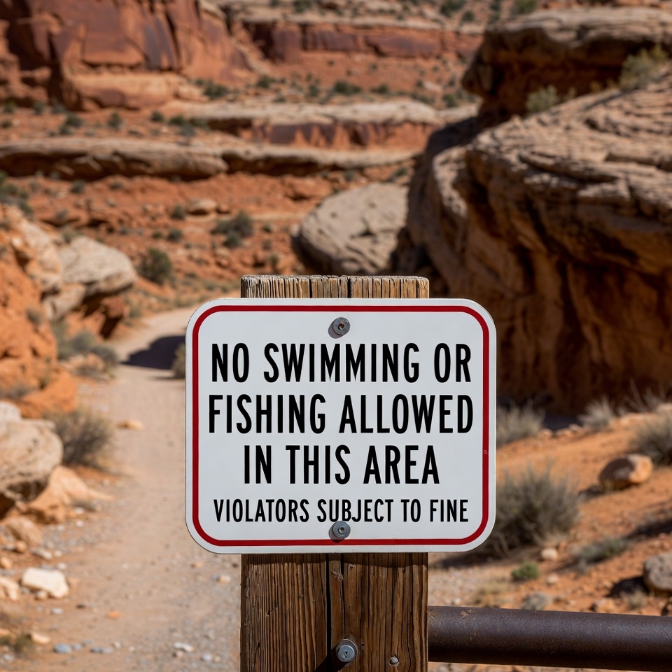 No Swimming or Fishing Sign in Desert Canyon No Swimming or Fishing Sign in Desert Canyon
