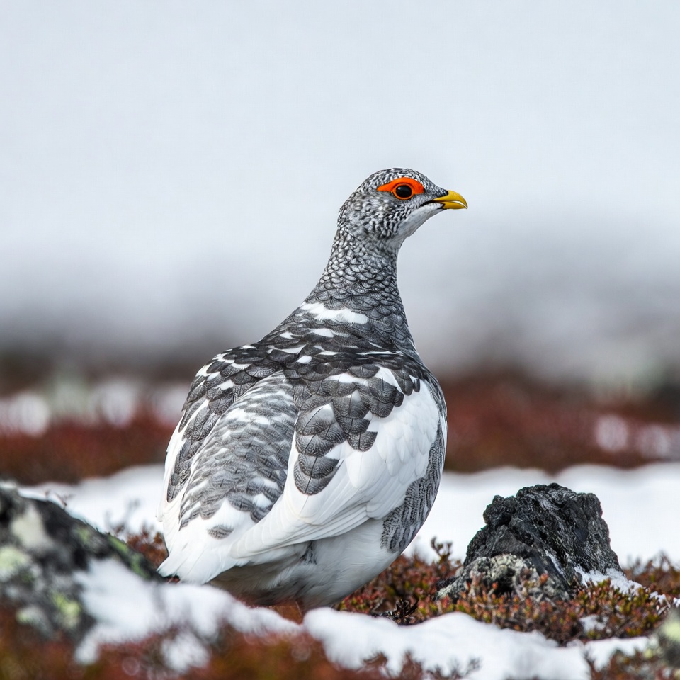 Ptarmigan standing in snowy tundra Ptarmigan standing in snowy tundra