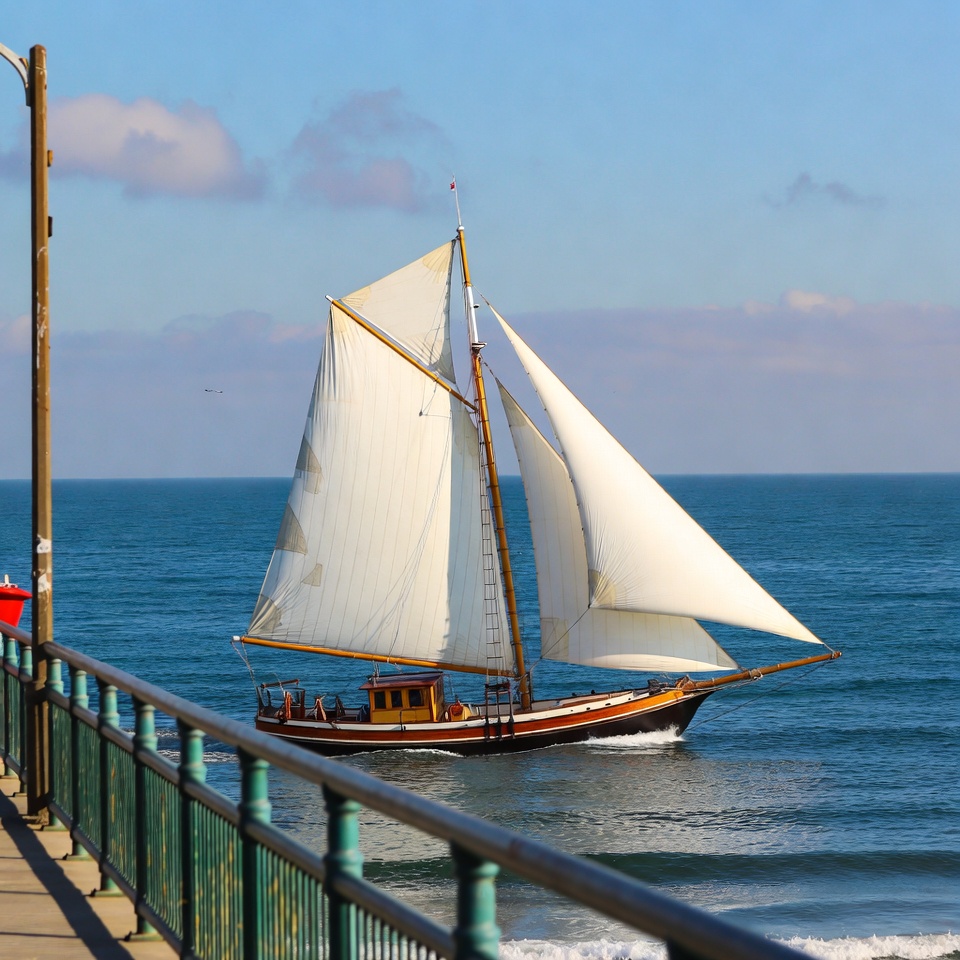 Sailboat near pier on ocean Sailboat near pier on ocean