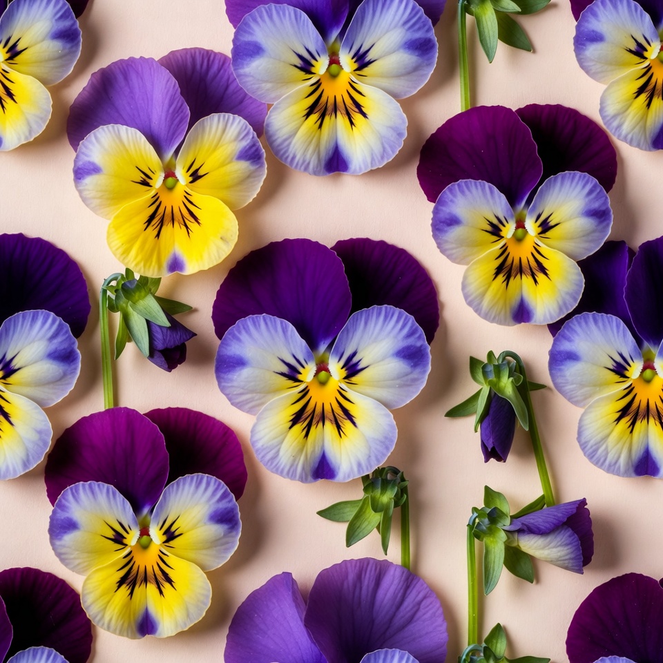 Purple and Yellow Pansies on Pink Background Purple and Yellow Pansies on Pink Background