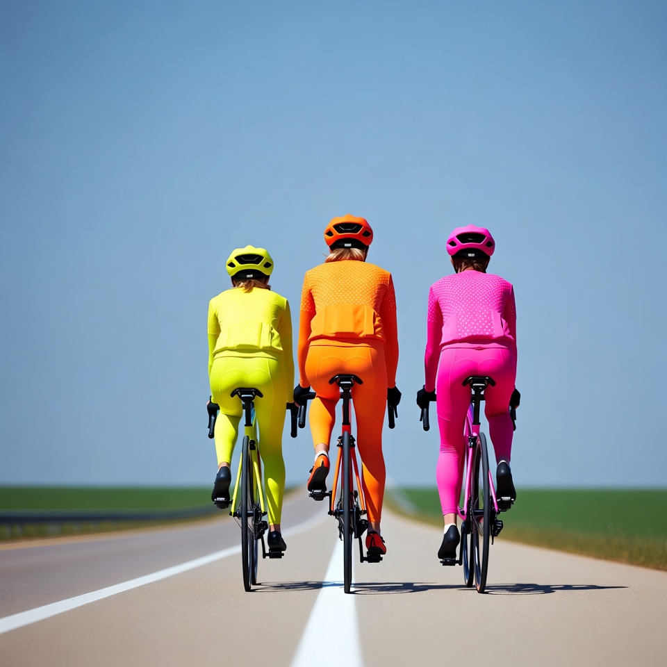 Three women cyclists in bright suits riding Three women cyclists in bright suits riding
