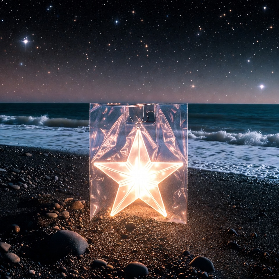 Glowing Star in Plastic Bag on Beach Glowing Star in Plastic Bag on Beach