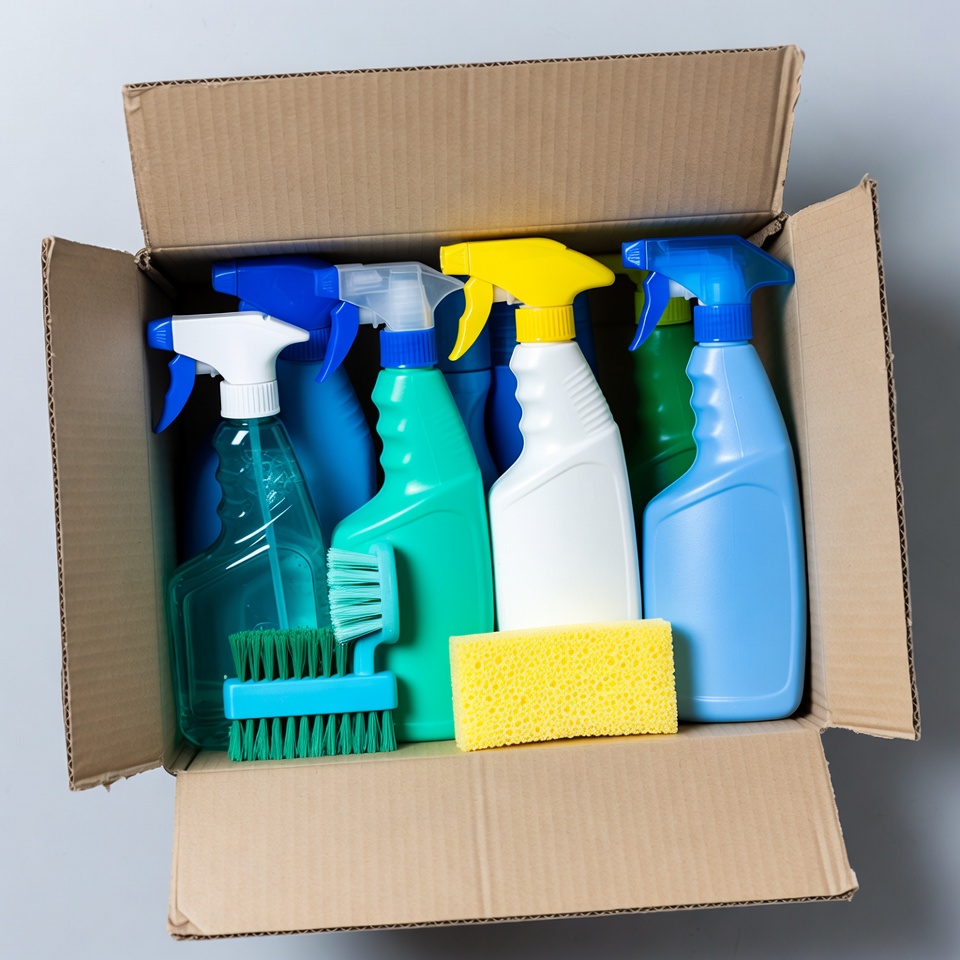 Cleaning supplies in open box Cleaning supplies in open box