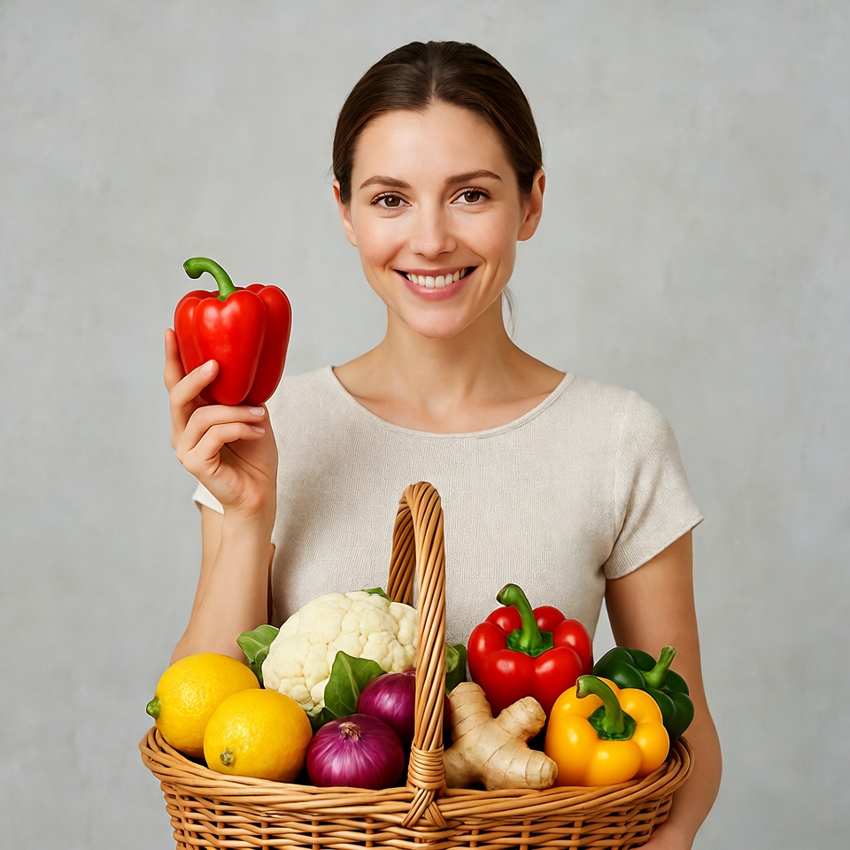Woman holding basket of fresh vegetables Woman holding basket of fresh vegetables
