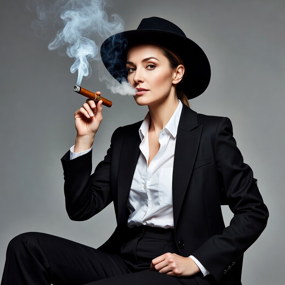 Woman smoking cigar in black suit Woman smoking cigar in black suit