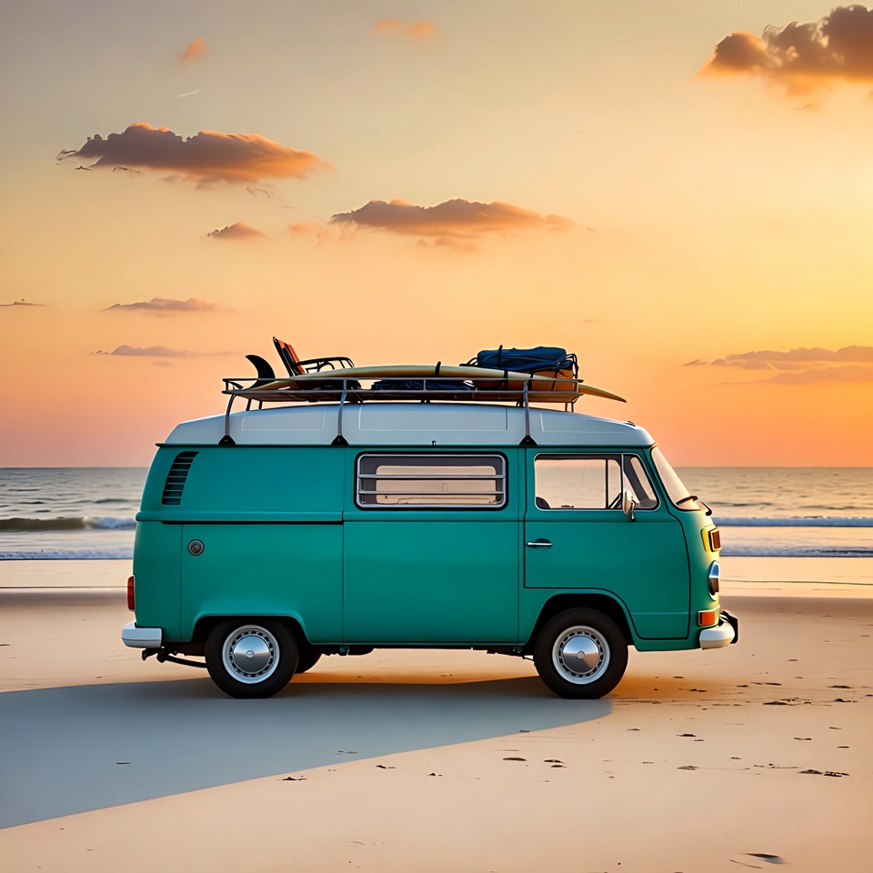 Green VW Camper Van on Beach at Sunset Green VW Camper Van on Beach at Sunset