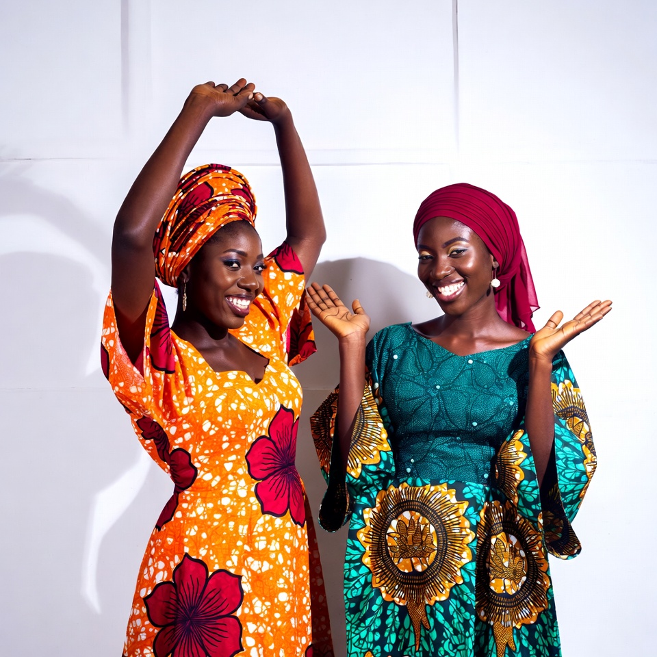 Two African women in colorful dresses dancing Two African women in colorful dresses dancing