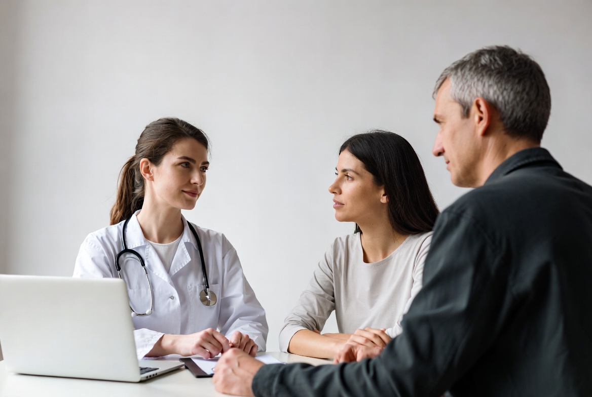 Doctor consulting couple at desk Doctor consulting couple at desk