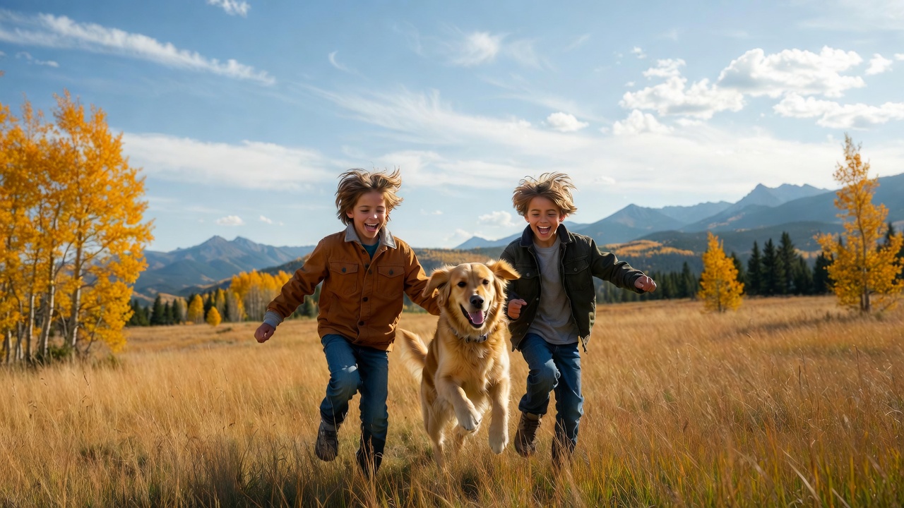 Boys running with golden retriever in autumn field Boys running with golden retriever in autumn field