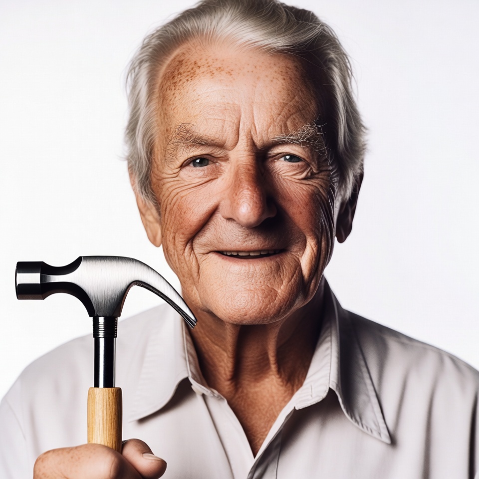 Elderly man holding hammer Elderly man holding hammer