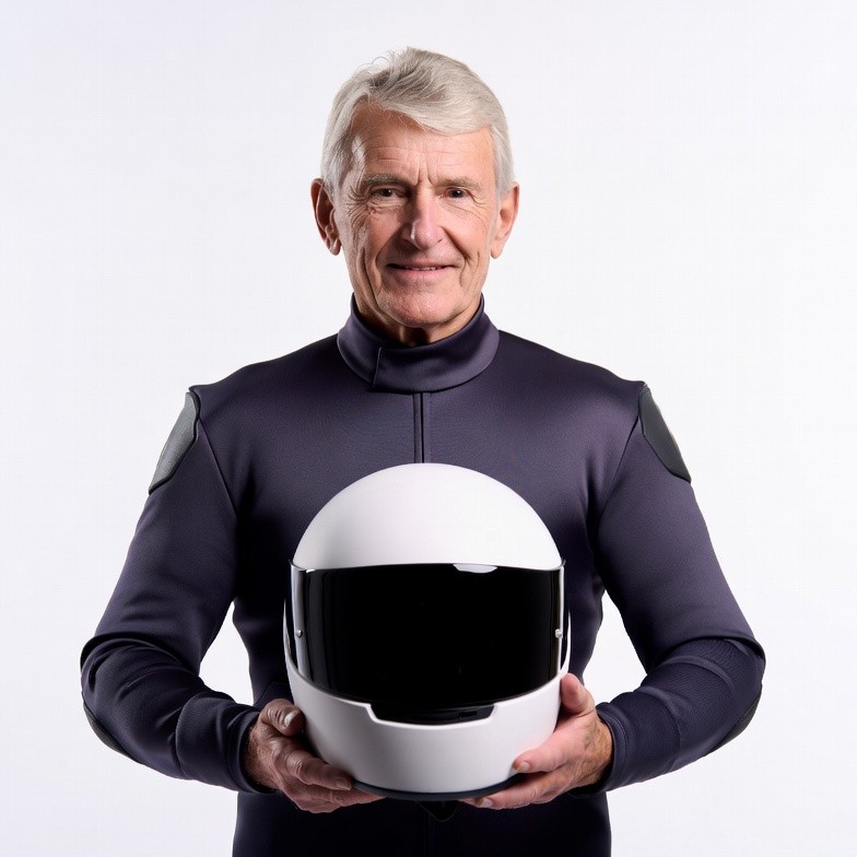 Senior man holding white helmet Senior man holding white helmet