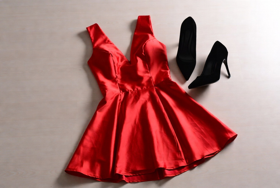Red satin dress with black heels Red satin dress with black heels
