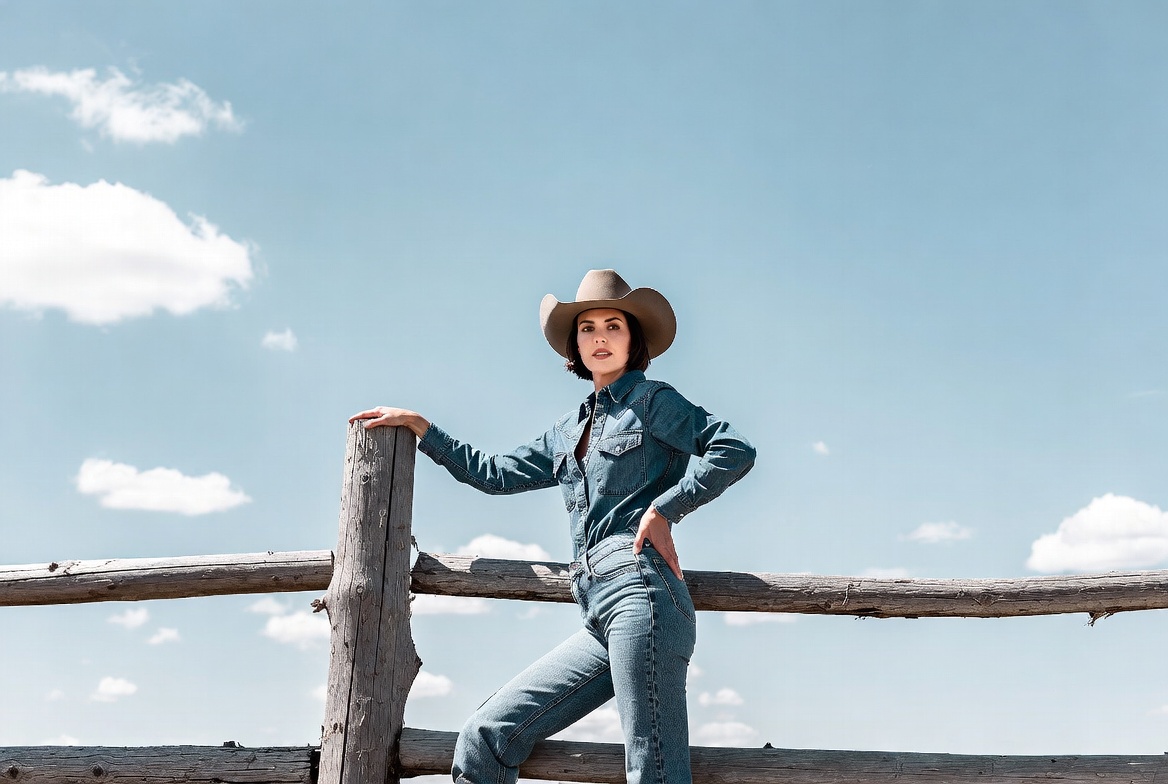Woman in cowboy hat leaning on fence Woman in cowboy hat leaning on fence