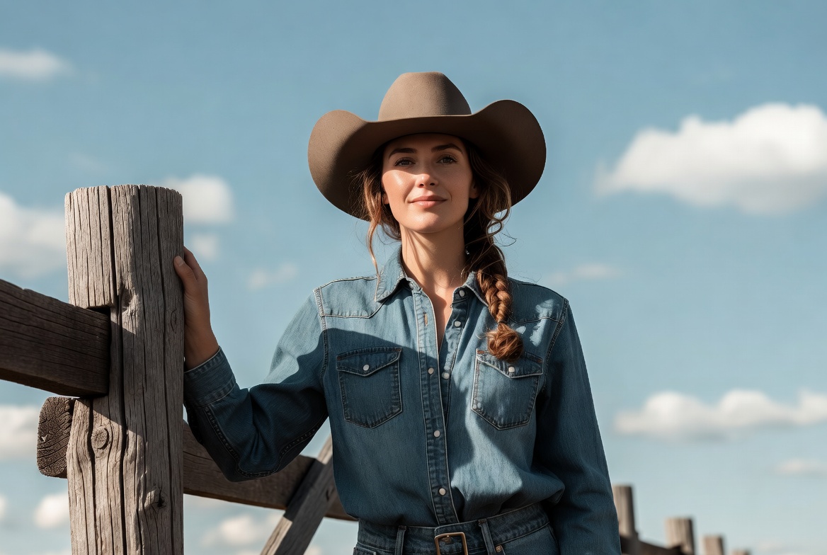 Woman in cowboy hat leaning on fence Woman in cowboy hat leaning on fence