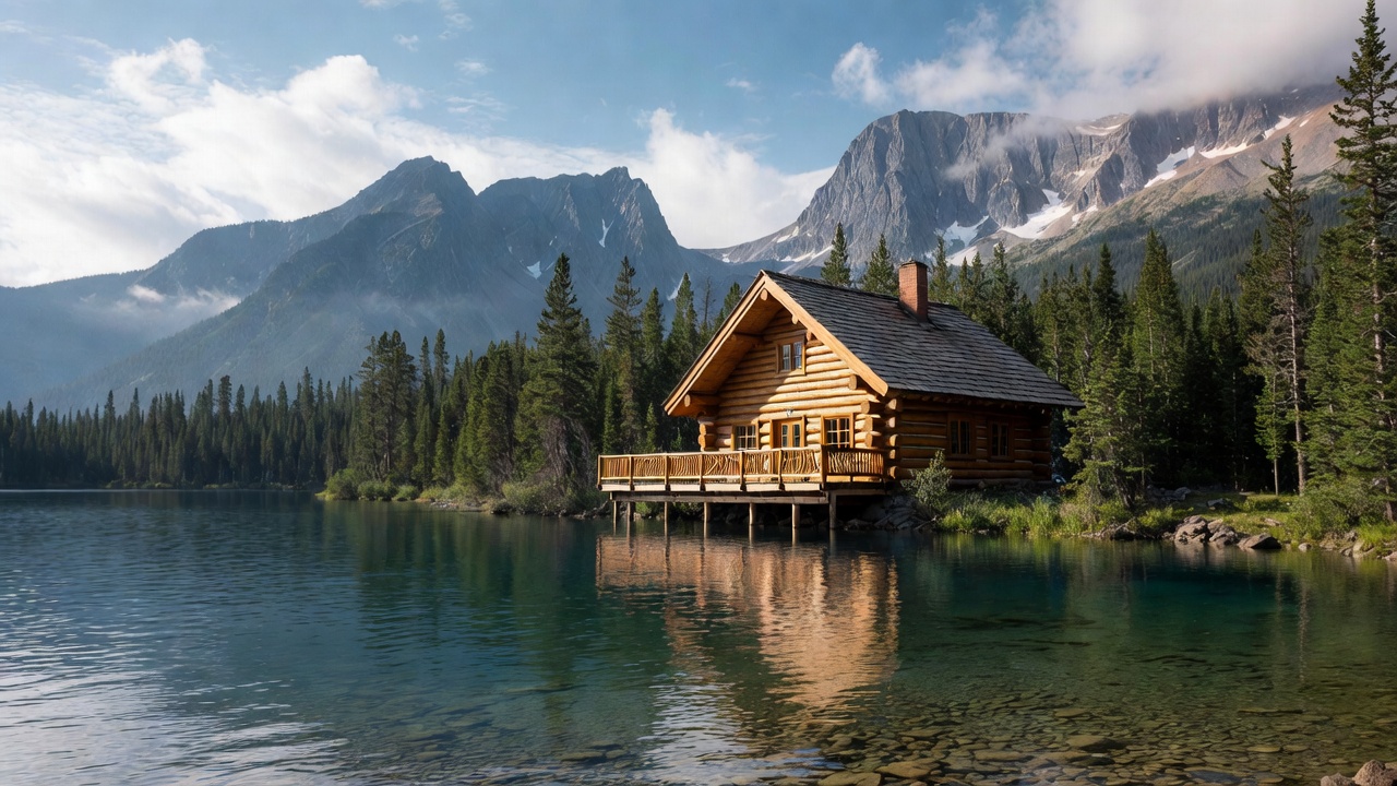Log cabin by mountain lake Log cabin by mountain lake