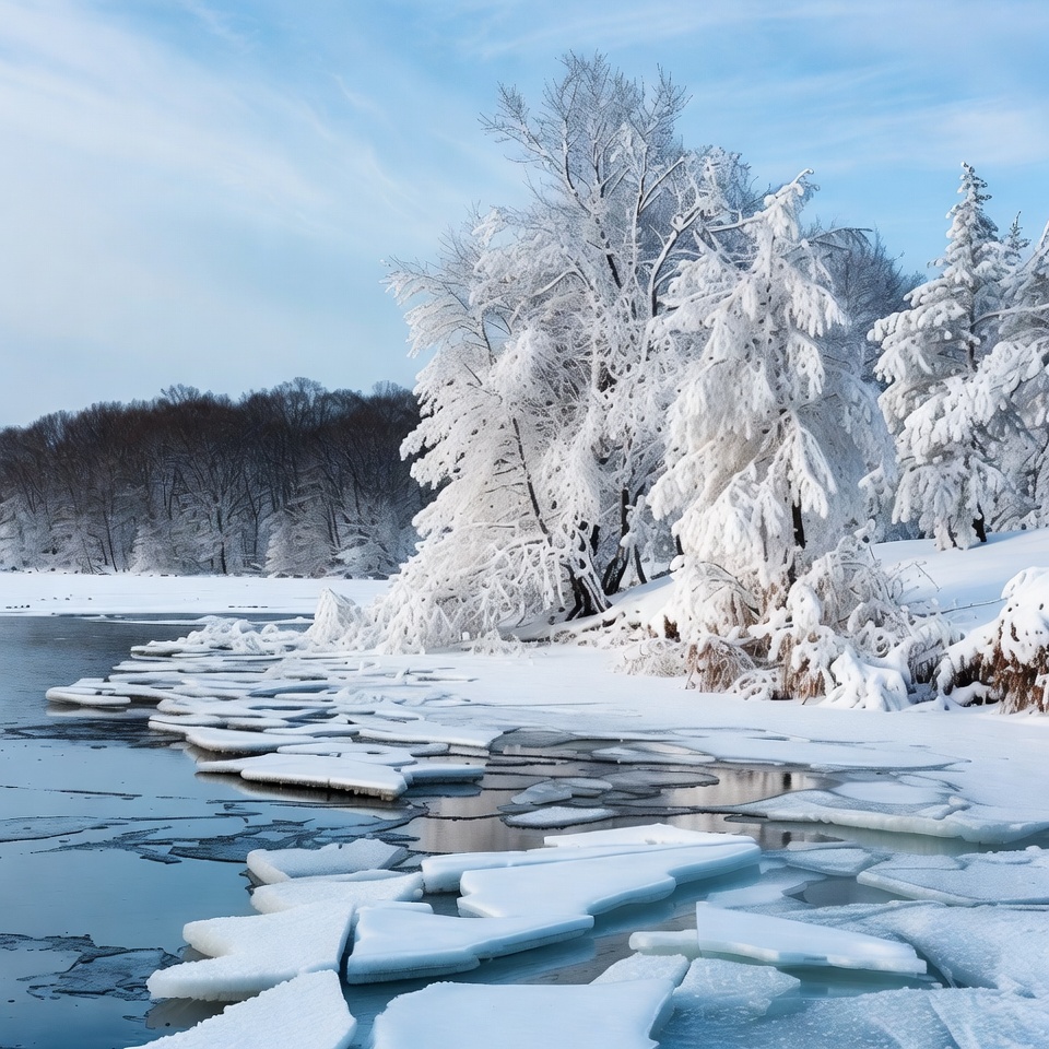Snowy Trees by Icy Lakeshore Snowy Trees by Icy Lakeshore