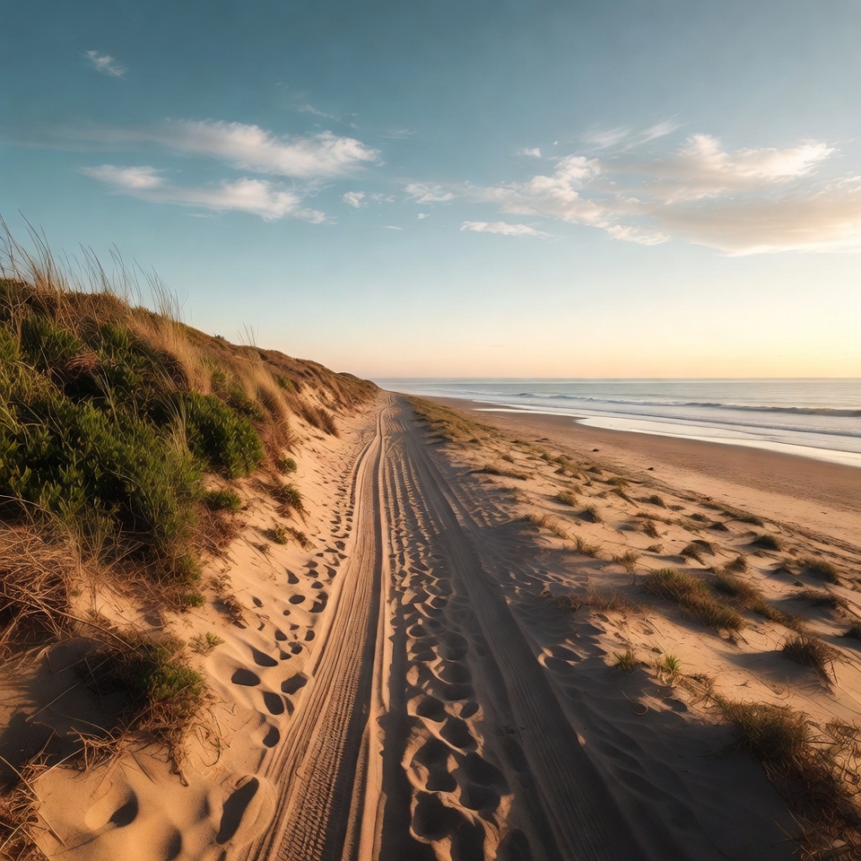 Sandy Tire Tracks Beach Path Sunset Sandy Tire Tracks Beach Path Sunset