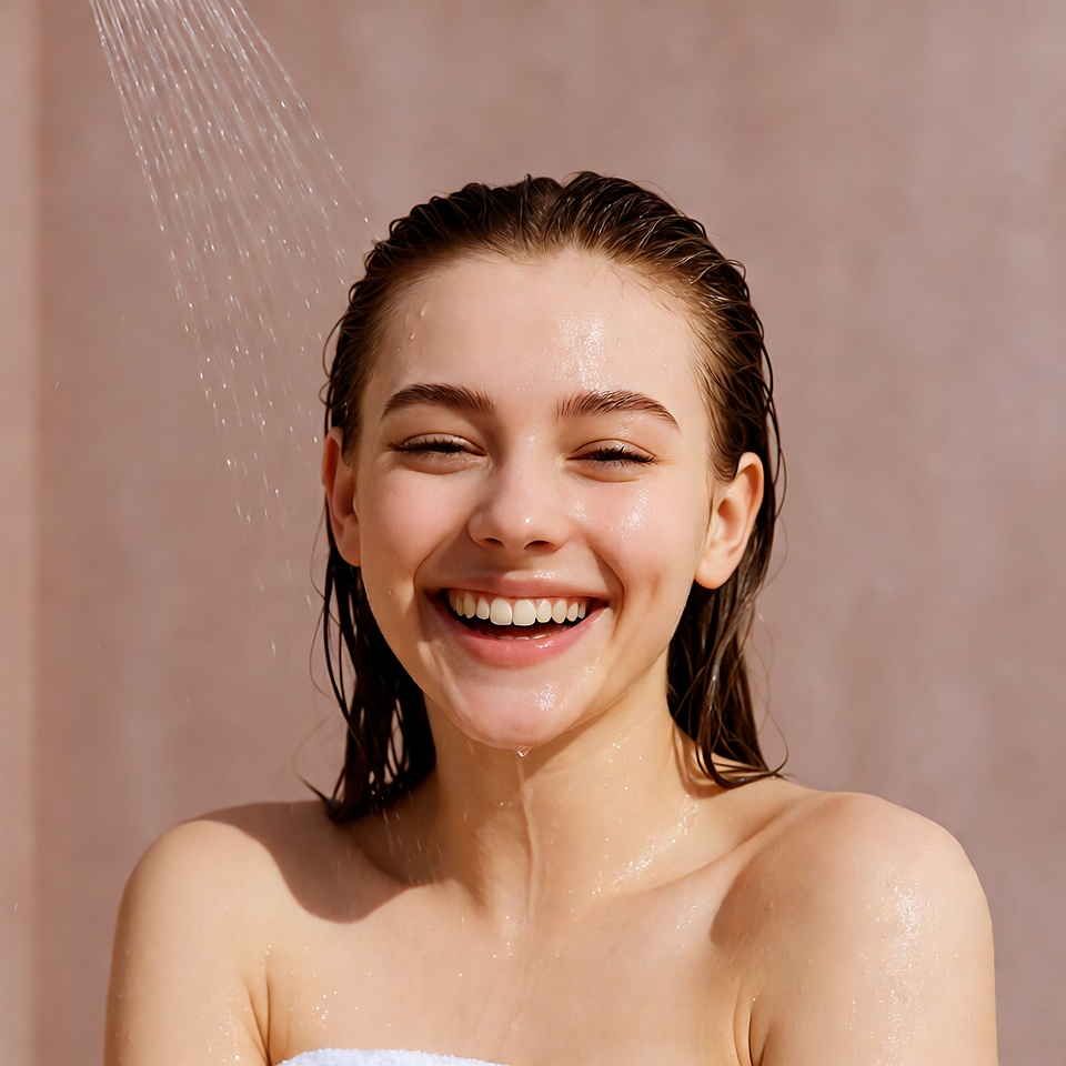 Young woman showering smiling Young woman showering smiling