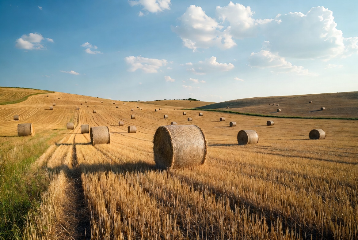 Hay bales in golden wheat field Hay bales in golden wheat field