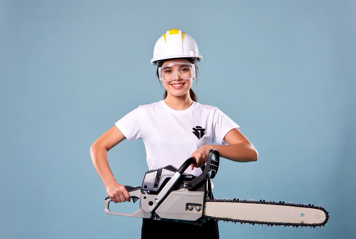 Woman holding chainsaw with hard hat Woman holding chainsaw with hard hat