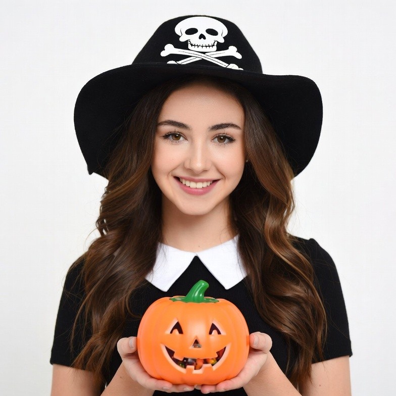 Girl in pirate hat holding jack-o-lantern Girl in pirate hat holding jack-o-lantern