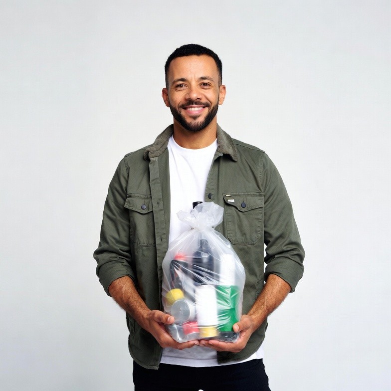 Man holding cleaning supplies bag Man holding cleaning supplies bag