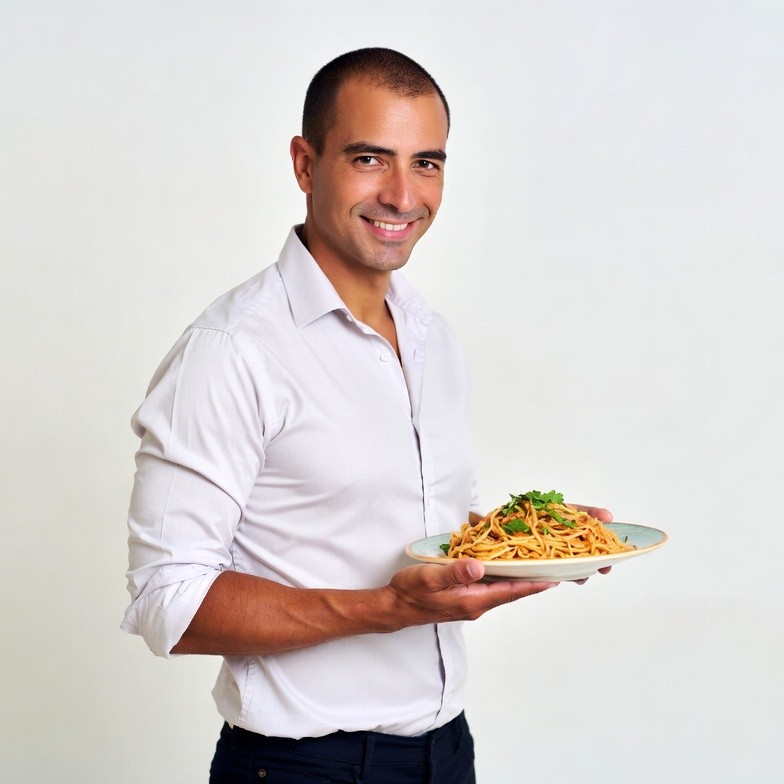 Man holding plate of spaghetti Man holding plate of spaghetti