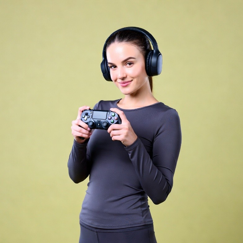 Woman gaming with headset and controller Woman gaming with headset and controller
