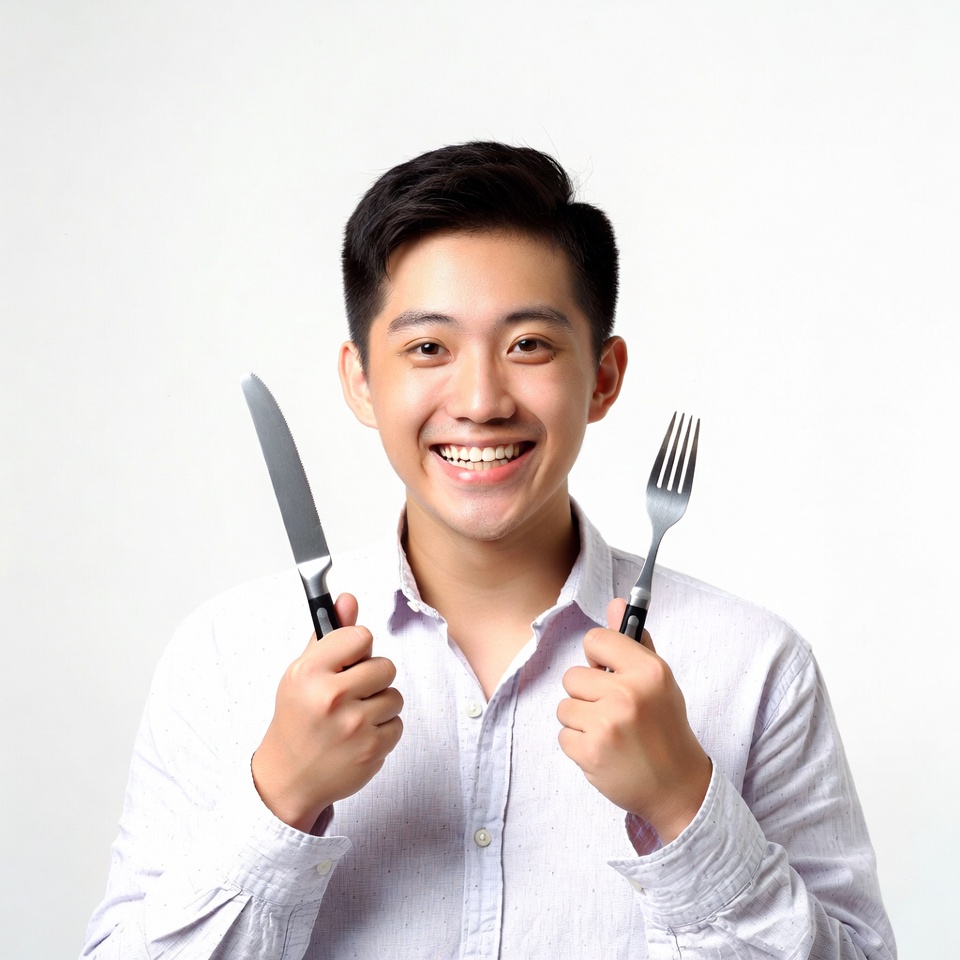 Asian man holding knife and fork Asian man holding knife and fork