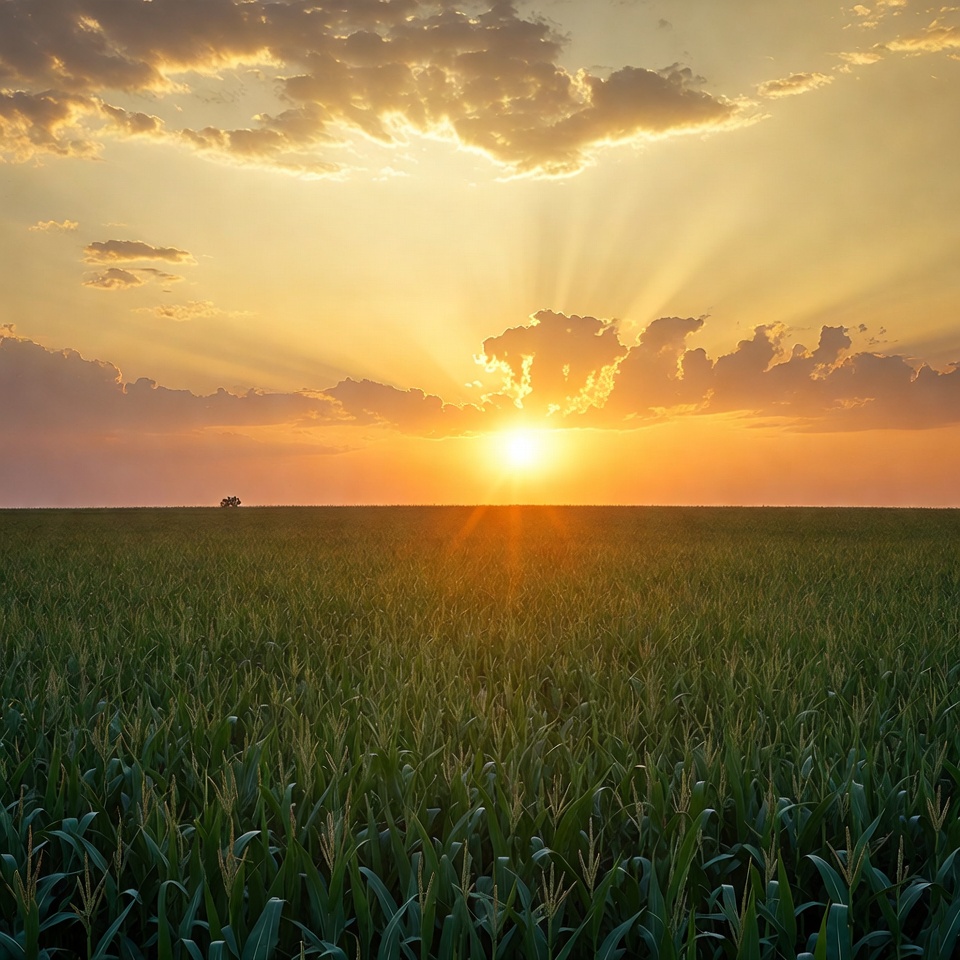 Sunset over cornfield with sun rays Sunset over cornfield with sun rays