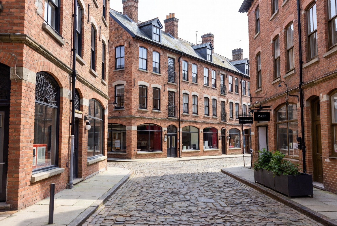 Cobblestone Street with Brick Buildings Cobblestone Street with Brick Buildings