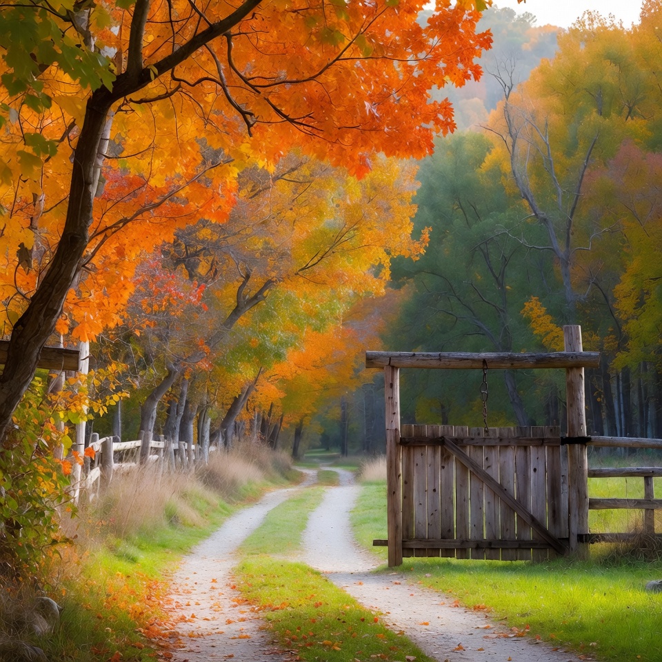 Autumn Gate on Tree-Lined Path Autumn Gate on Tree-Lined Path