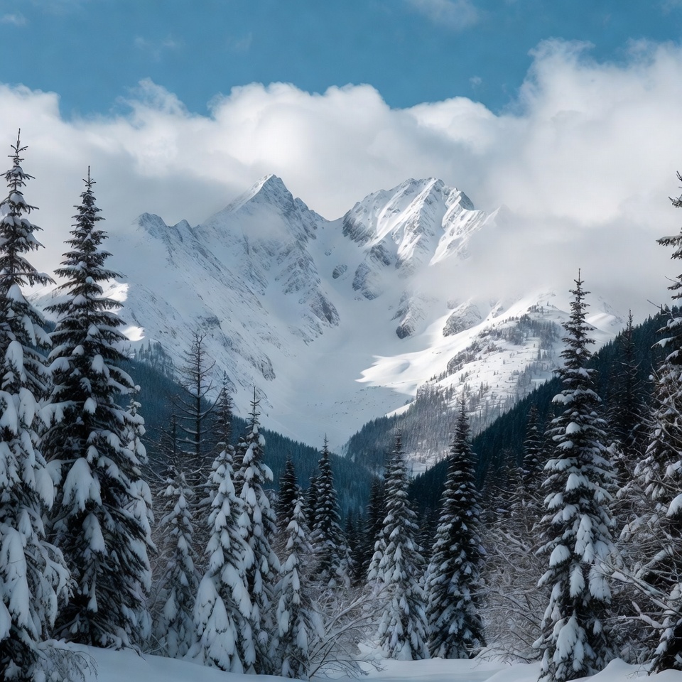 Snowy Mountain Peak with Pine Trees Snowy Mountain Peak with Pine Trees