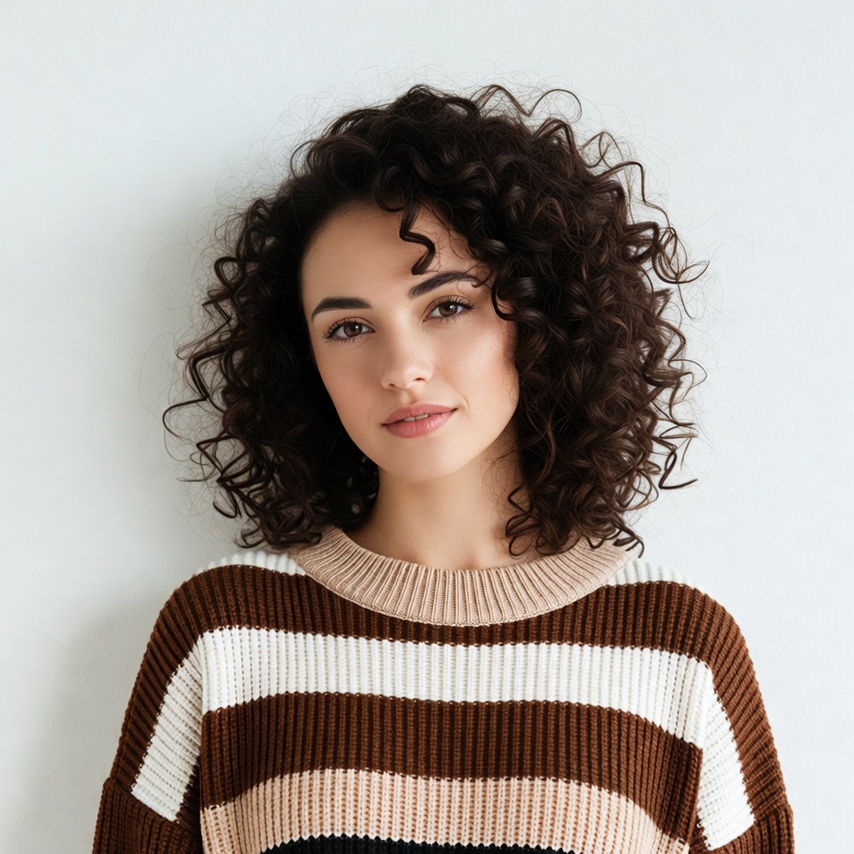 Woman with curly hair in striped sweater Woman with curly hair in striped sweater