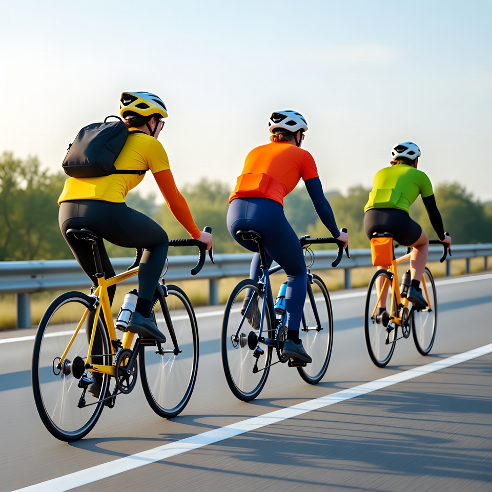 Three cyclists riding bikes on road Three cyclists riding bikes on road