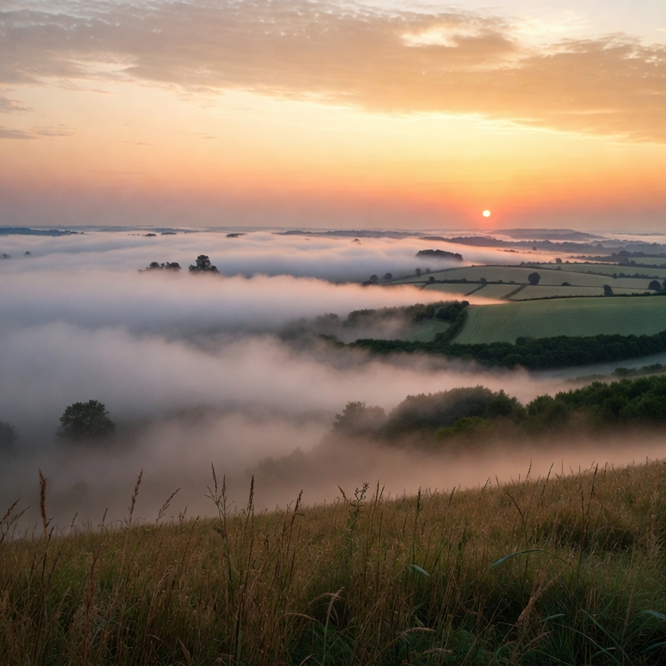 Sunrise over misty green fields Sunrise over misty green fields