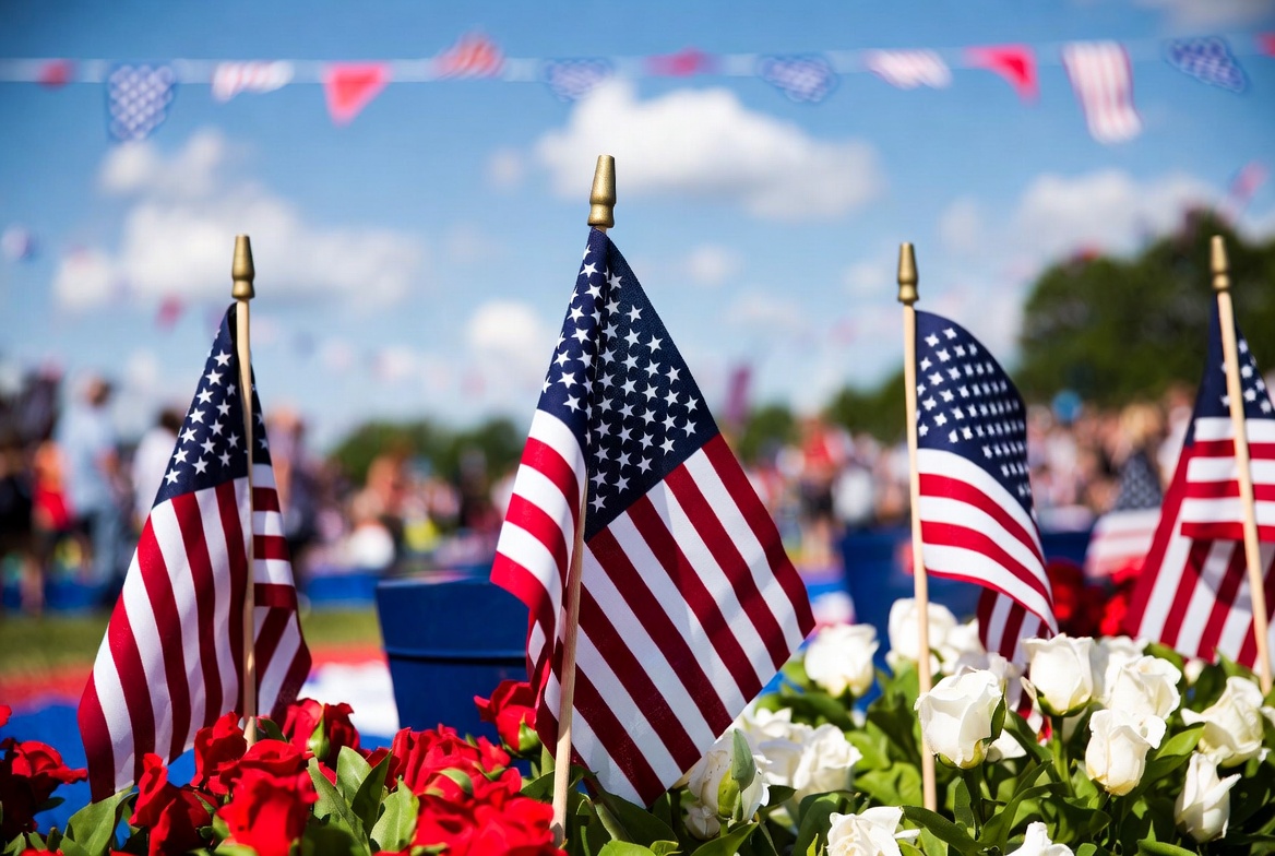American Flags with Roses and Crowd American Flags with Roses and Crowd