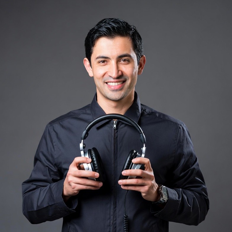 Man holding black headphones Man holding black headphones