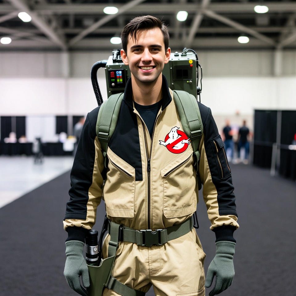 Man cosplaying as Ghostbuster Man cosplaying as Ghostbuster