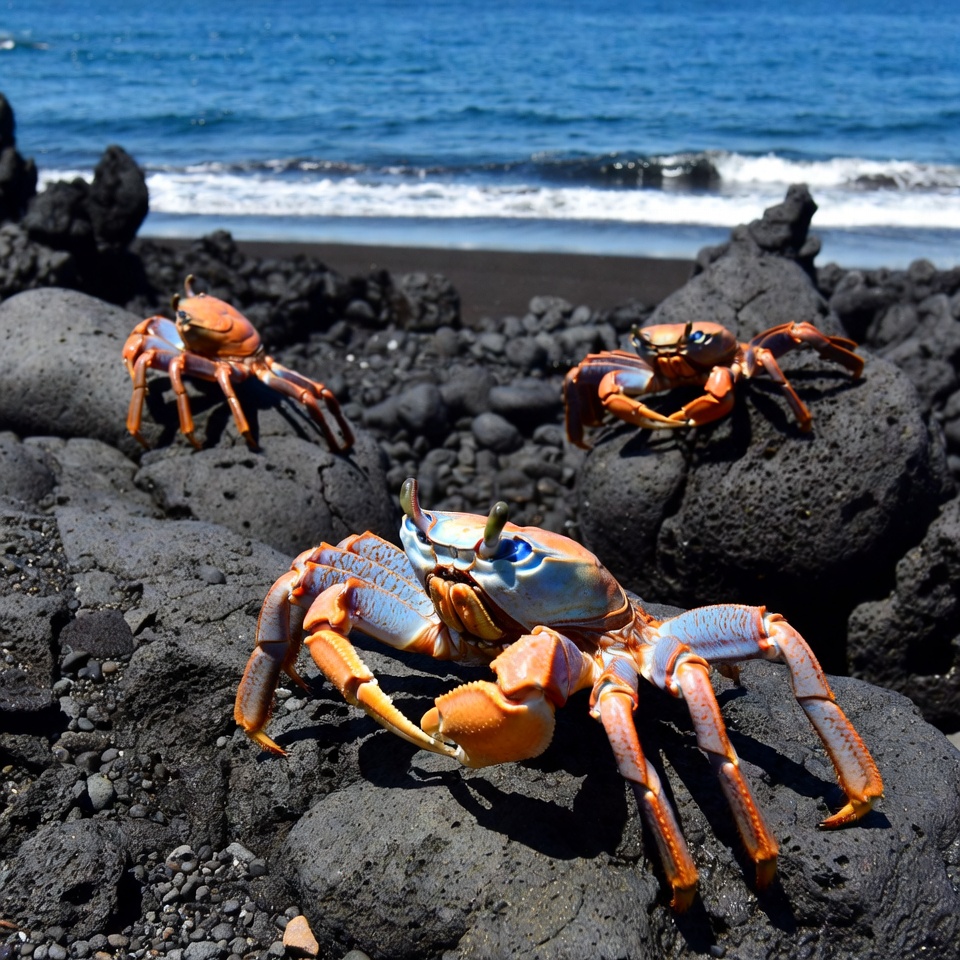 Colorful crabs on black volcanic beach Colorful crabs on black volcanic beach