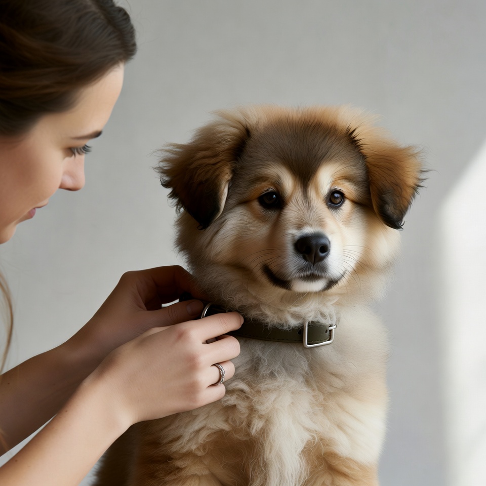 Woman putting collar on puppy Woman putting collar on puppy