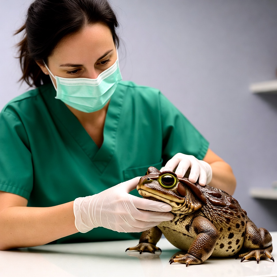 Vet examining large toad Vet examining large toad