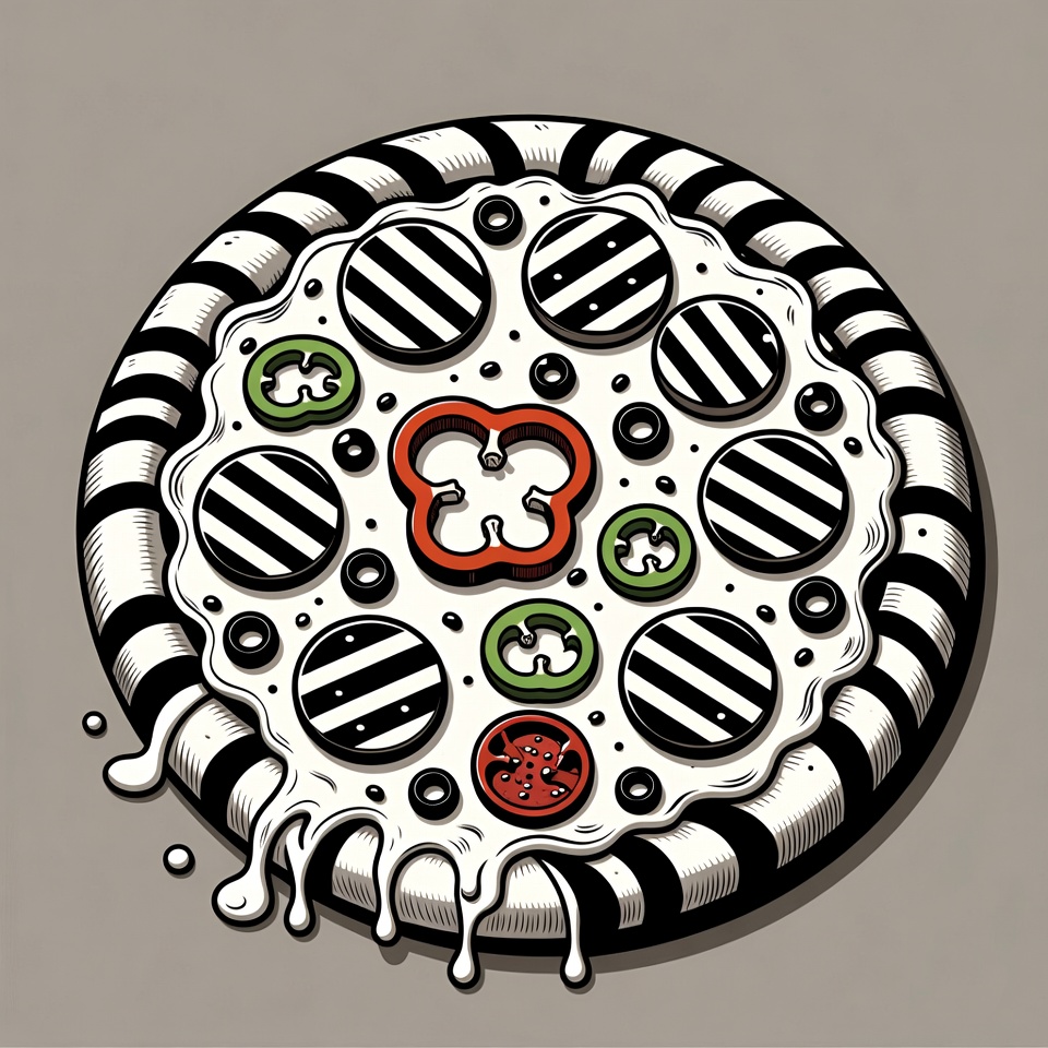 Striped Illustration of Pizza with Peppers Striped Illustration of Pizza with Peppers