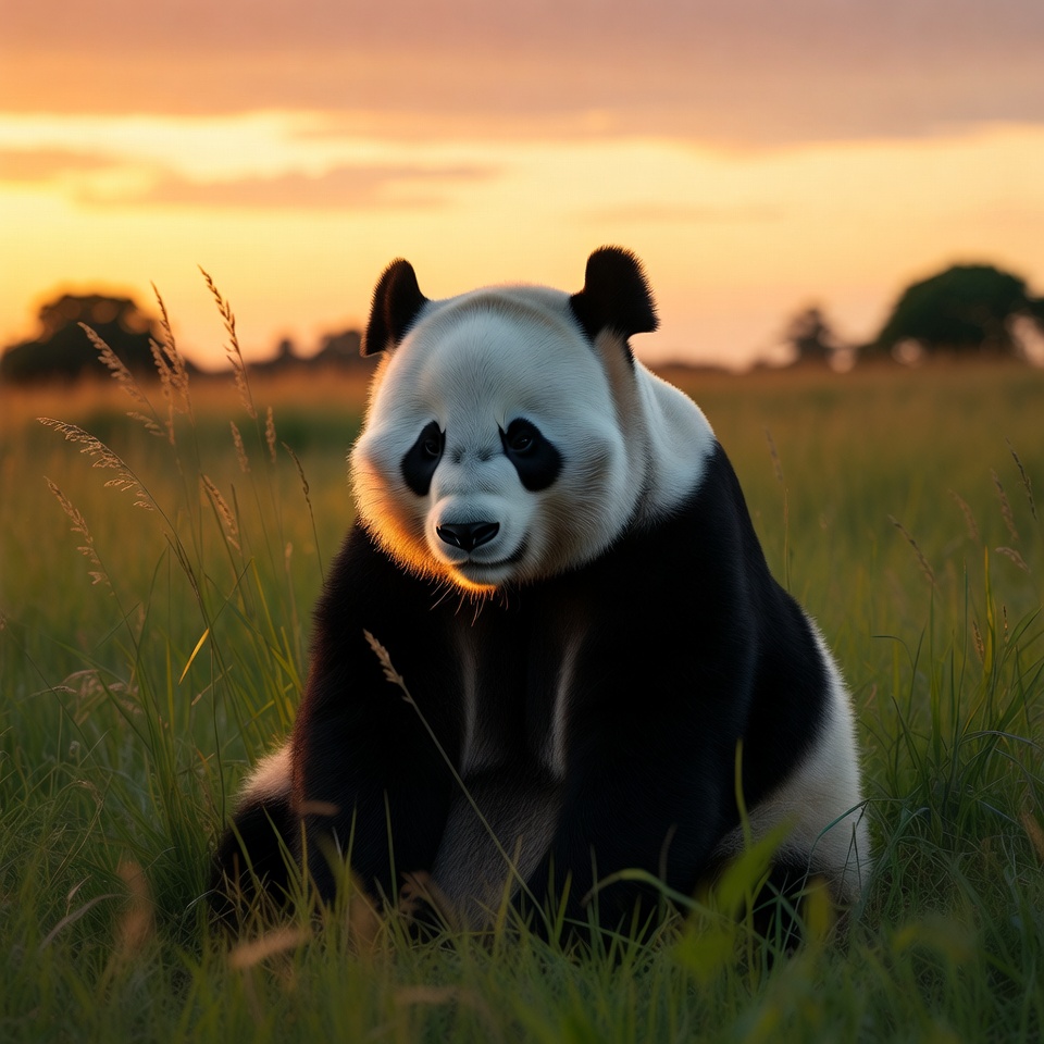 Panda sitting in sunset grass field Panda sitting in sunset grass field