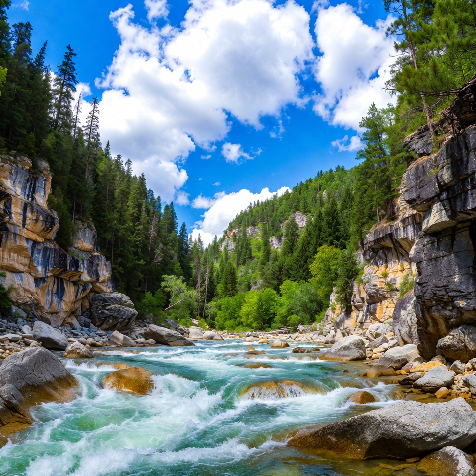 Mountain River Flowing Through Forest Canyon Mountain River Flowing Through Forest Canyon