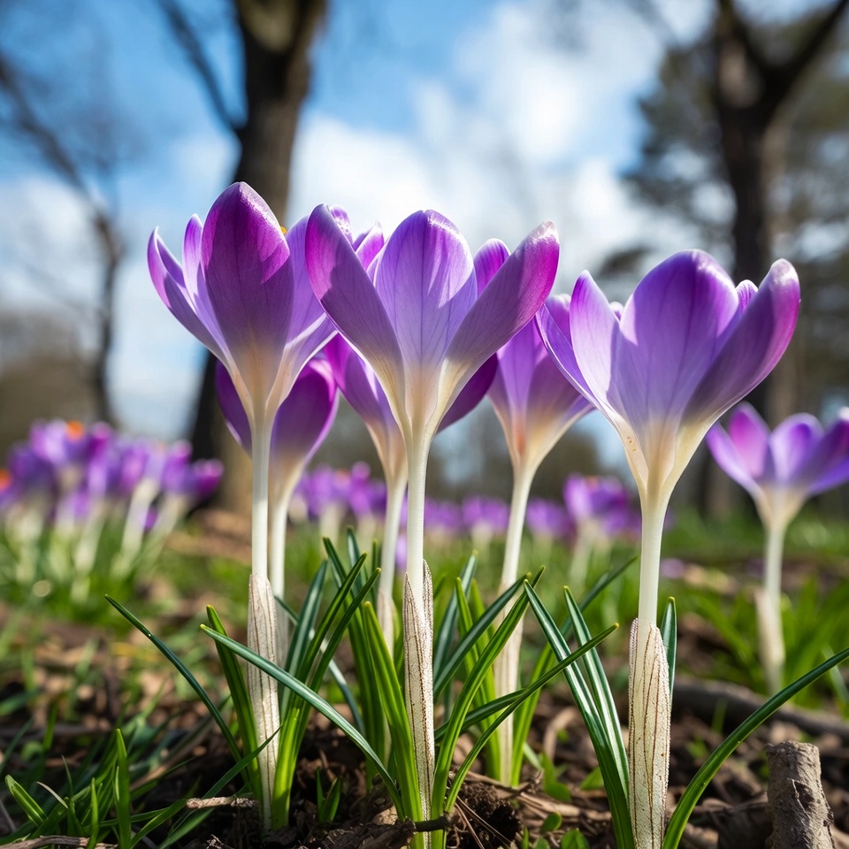 Purple crocuses blooming in grass Purple crocuses blooming in grass