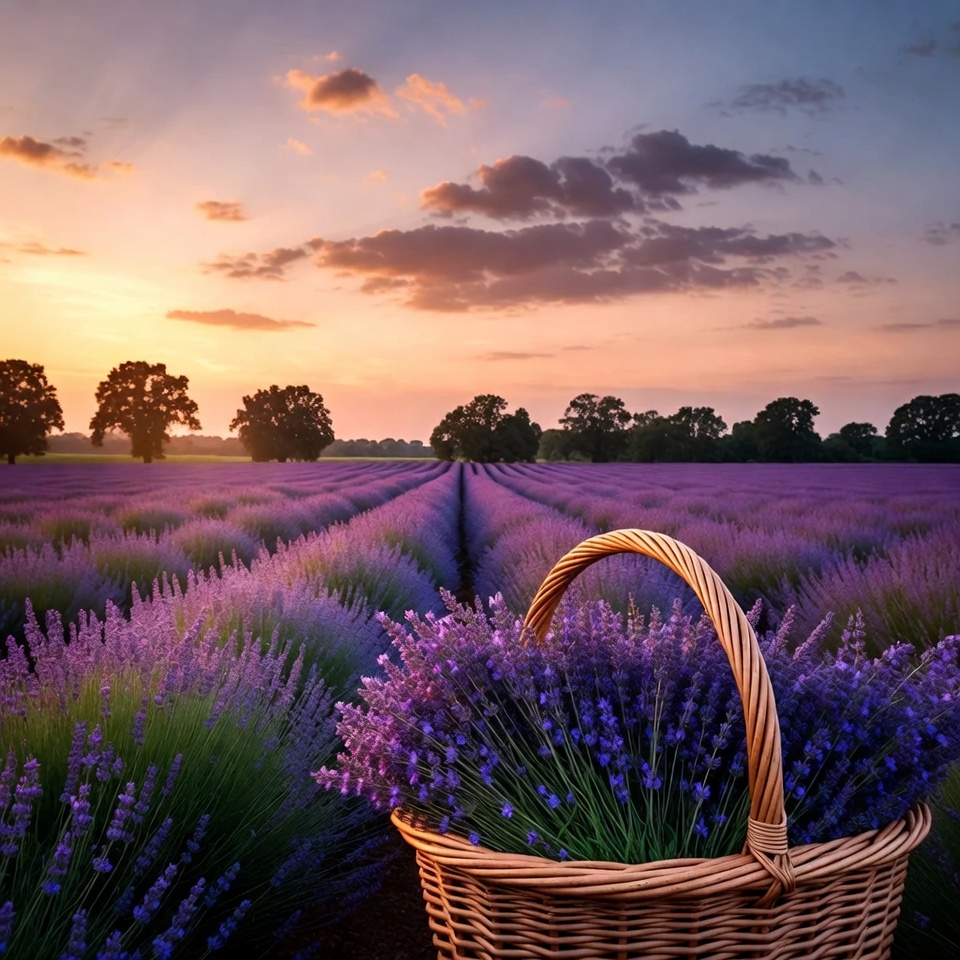 Lavender Field with Wicker Basket Lavender Field with Wicker Basket