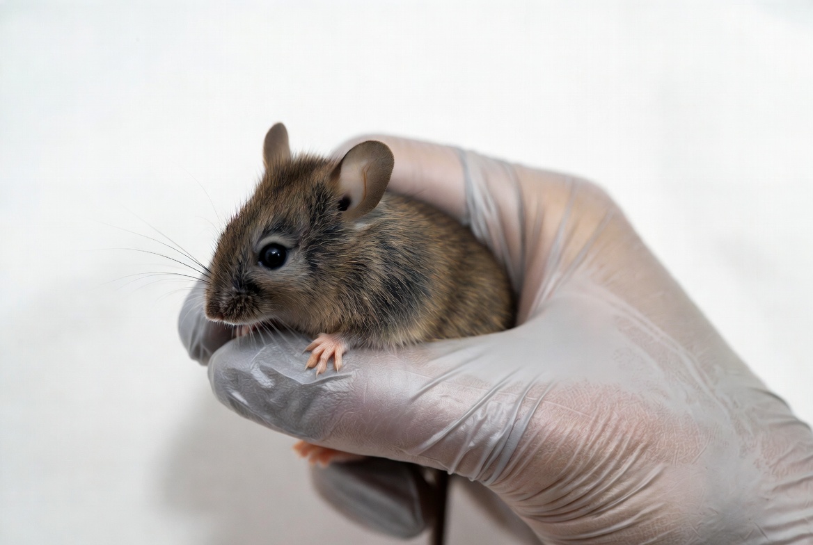 Brown mouse held in gloved hand Brown mouse held in gloved hand