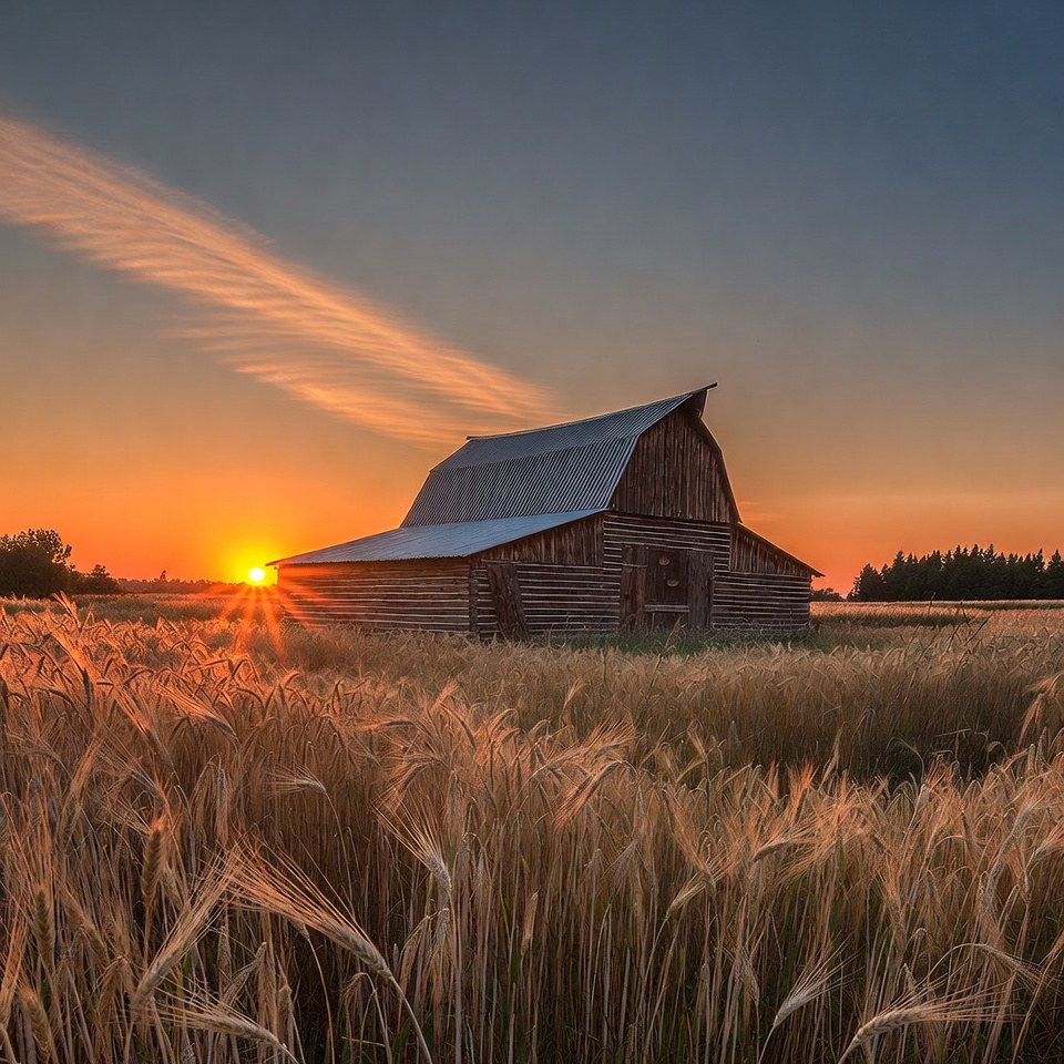 Barn in wheat field at sunset Barn in wheat field at sunset