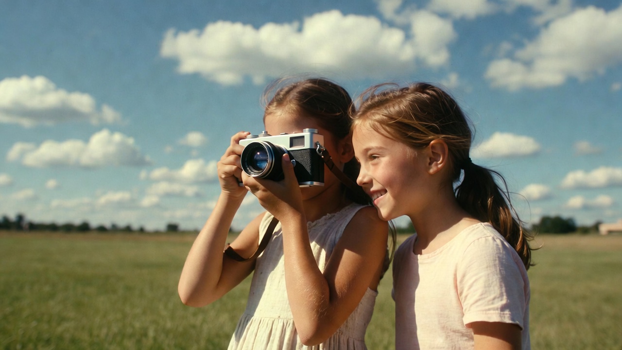 Two girls taking photo in field Two girls taking photo in field